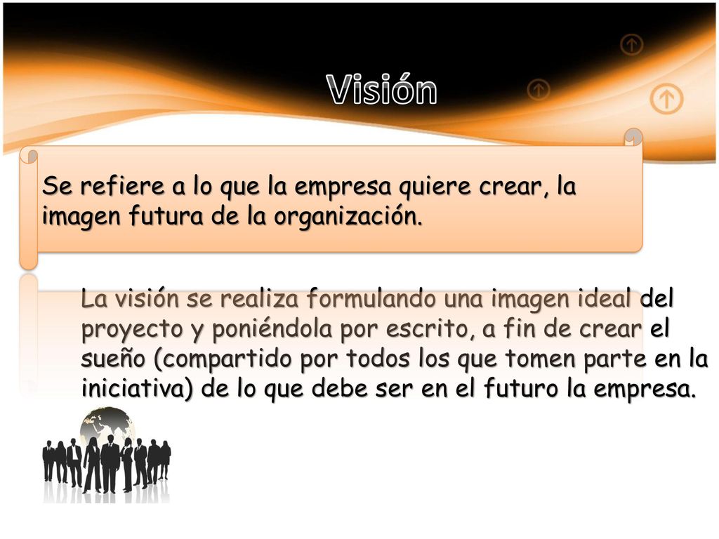 Visión Se refiere a lo que la empresa quiere crear, la imagen futura de la organización.