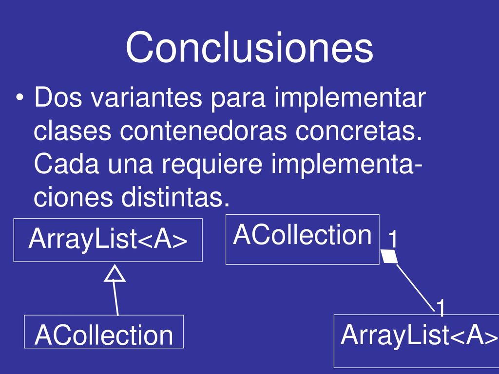 Conclusiones Dos variantes para implementar clases contenedoras concretas. Cada una requiere implementa-ciones distintas.
