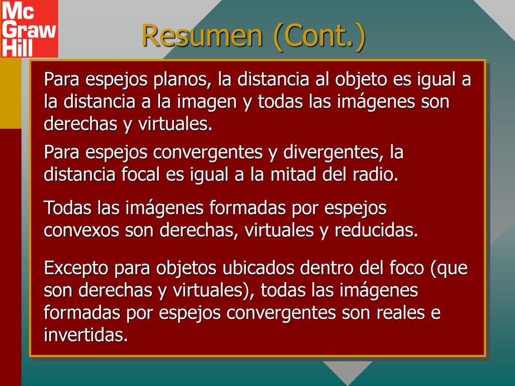 Resumen (Cont.) Para espejos planos, la distancia al objeto es igual a la distancia a la imagen y todas las imágenes son derechas y virtuales.