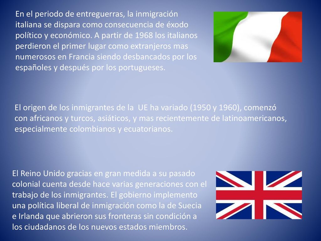 En el periodo de entreguerras, la inmigración italiana se dispara como consecuencia de éxodo político y económico. A partir de 1968 los italianos perdieron el primer lugar como extranjeros mas numerosos en Francia siendo desbancados por los españoles y después por los portugueses.
