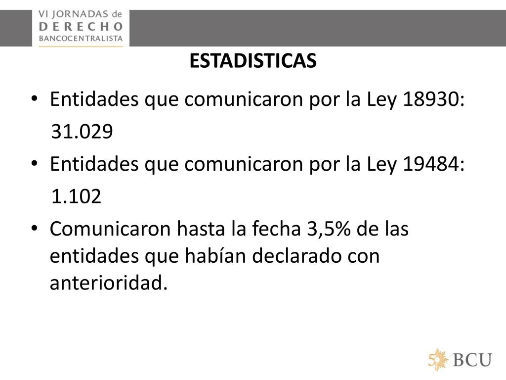 ESTADISTICAS Entidades que comunicaron por la Ley 18930: Entidades que comunicaron por la Ley 19484: