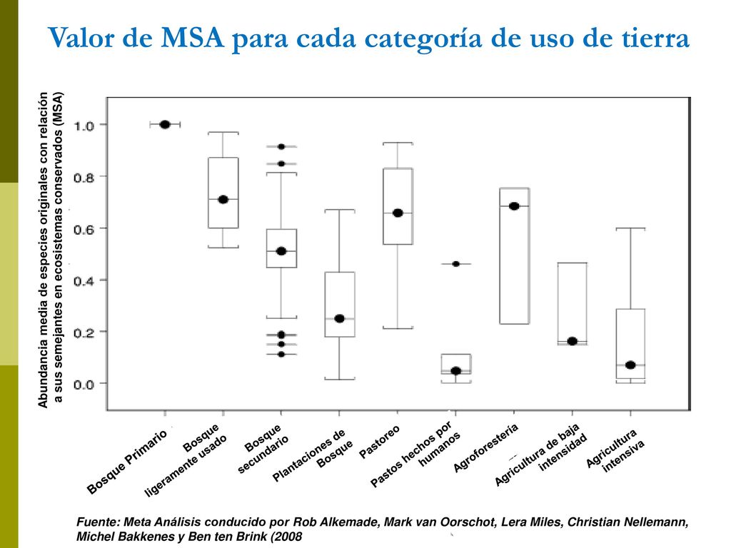 Valor de MSA para cada categoría de uso de tierra