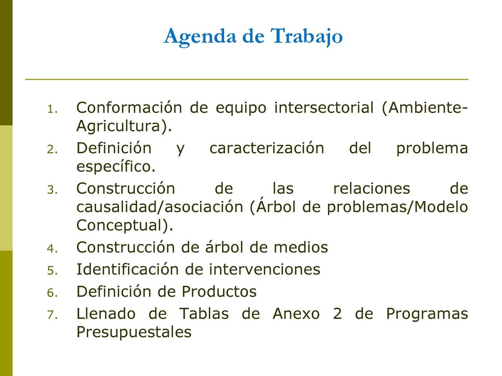 Agenda de Trabajo Conformación de equipo intersectorial (Ambiente-Agricultura). Definición y caracterización del problema específico.