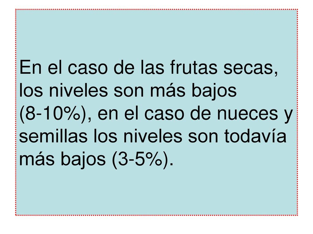 En el caso de las frutas secas, los niveles son más bajos (8-10%), en el caso de nueces y semillas los niveles son todavía más bajos (3-5%).