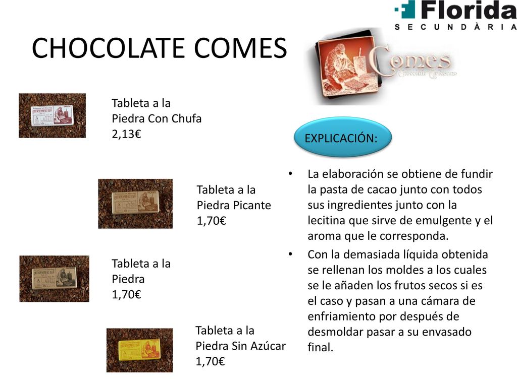 CHOCOLATE COMES Tableta a la Piedra Con Chufa 2,13€ EXPLICACIÓN: