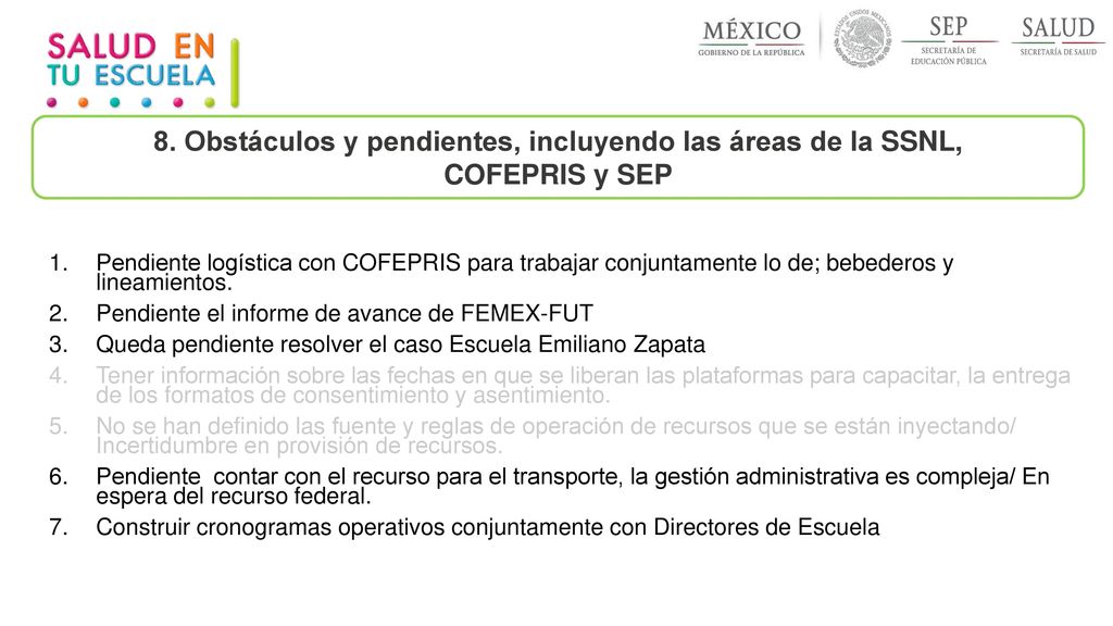 8. Obstáculos y pendientes, incluyendo las áreas de la SSNL,