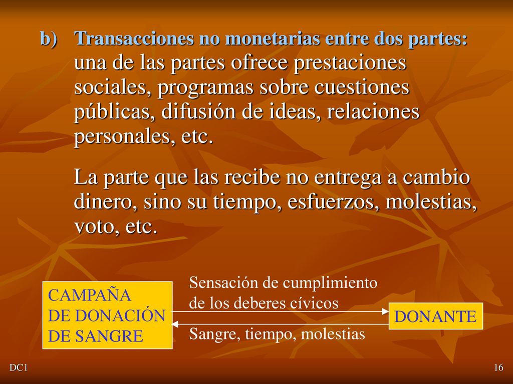Transacciones no monetarias entre dos partes: una de las partes ofrece prestaciones sociales, programas sobre cuestiones públicas, difusión de ideas, relaciones personales, etc.