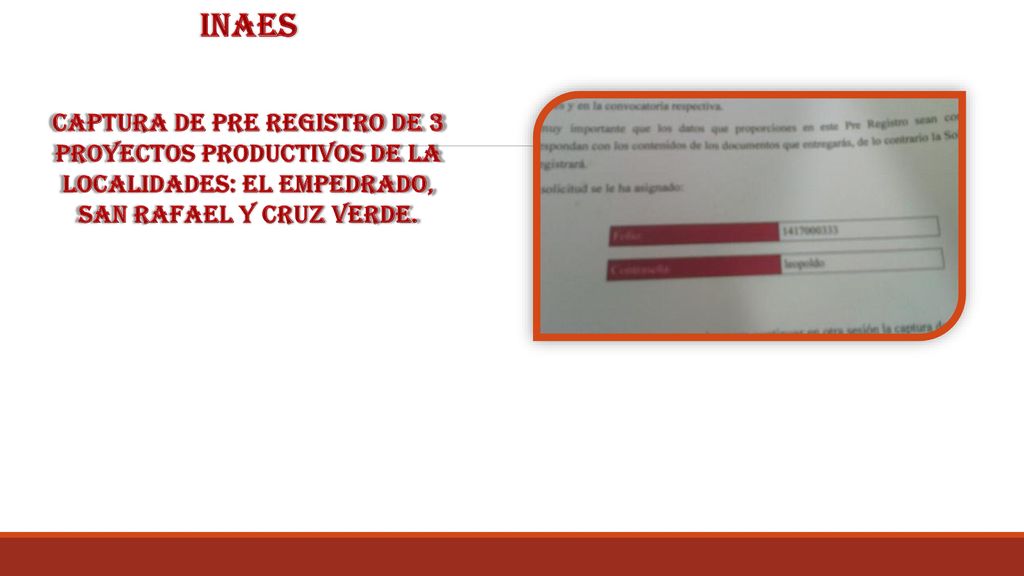 inaes Captura de pre registro de 3 proyectos productivos de la localidades: el empedrado, san Rafael y cruz verde.