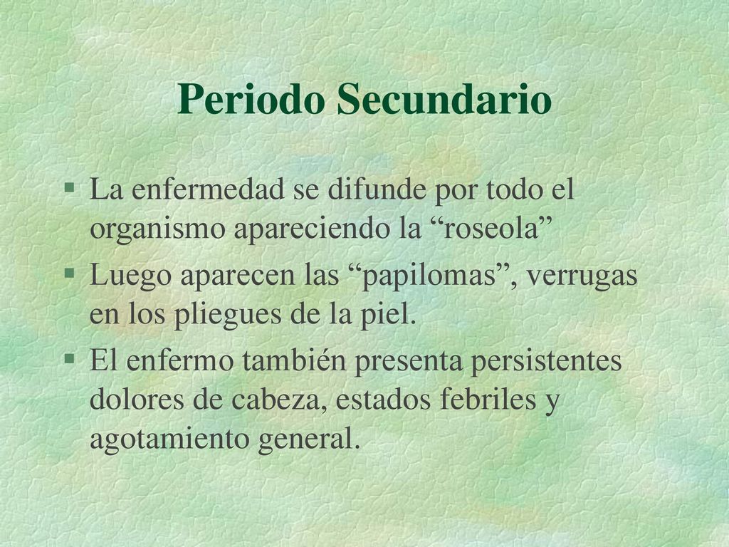 Periodo Secundario La enfermedad se difunde por todo el organismo apareciendo la roseola