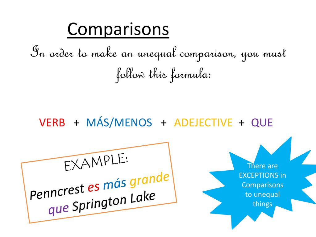 Comparisons In order to make an unequal comparison, you must follow this formula: VERB + MÁS/MENOS +