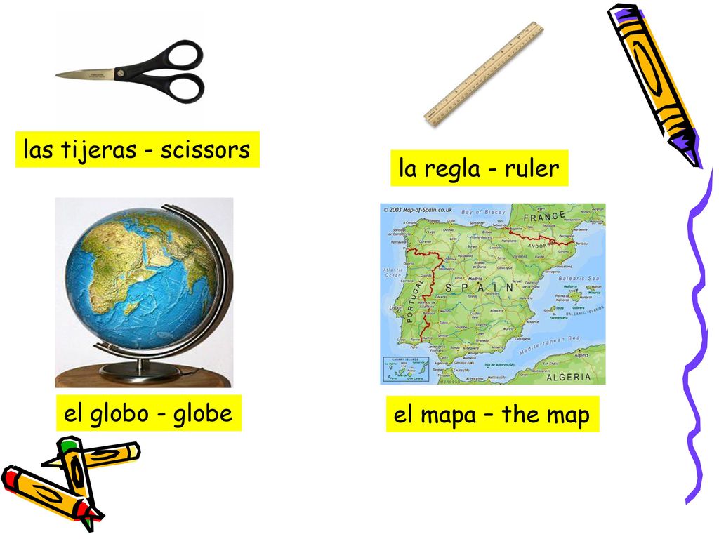 las tijeras - scissors la regla - ruler el globo - globe el mapa – the map