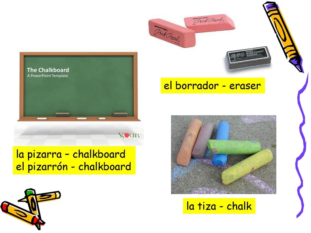 el borrador - eraser la pizarra – chalkboard el pizarrón - chalkboard la tiza - chalk