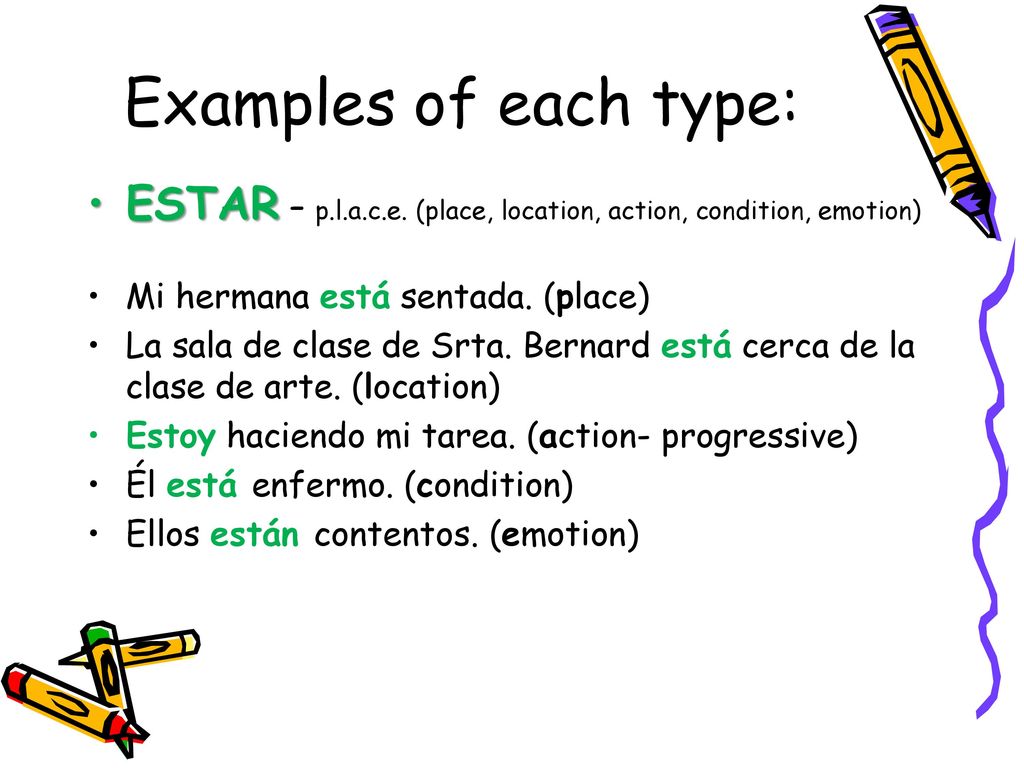 Examples of each type: ESTAR – p.l.a.c.e. (place, location, action, condition, emotion) Mi hermana está sentada. (place)
