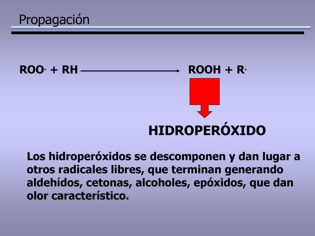 Propagación HIDROPERÓXIDO ROO. + RH ROOH + R.