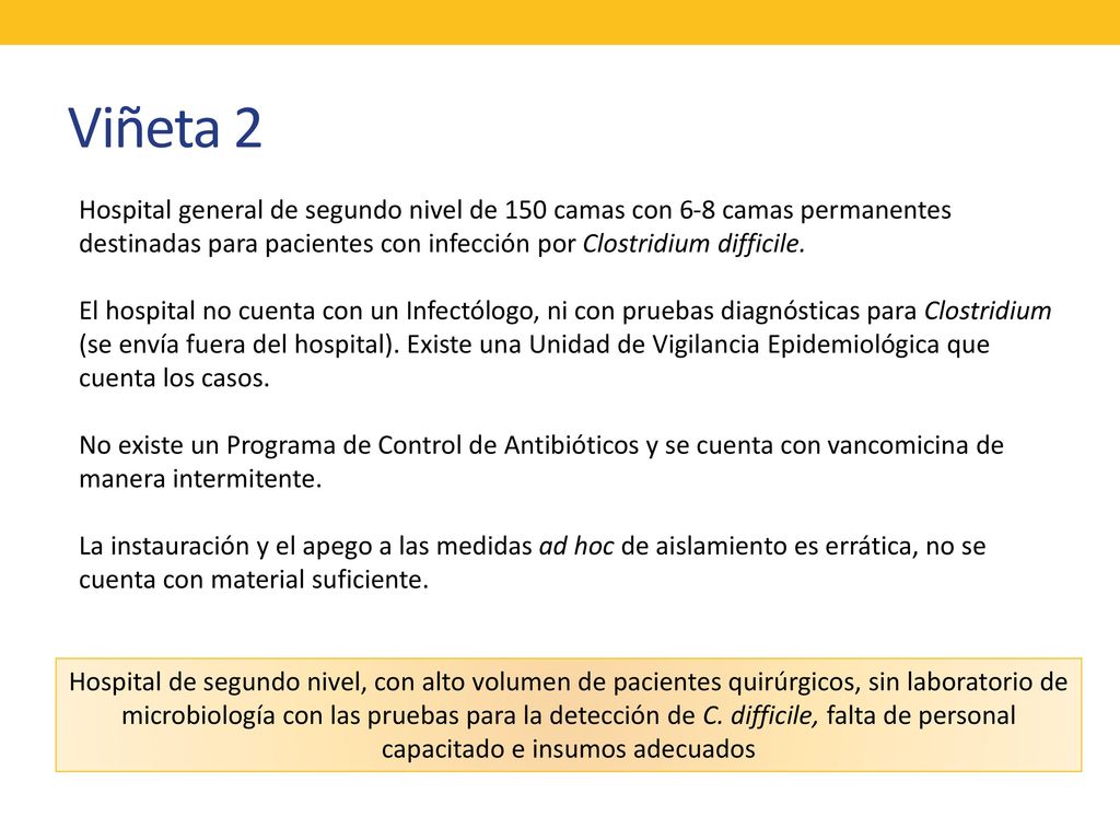 Viñeta 2 Hospital general de segundo nivel de 150 camas con 6-8 camas permanentes destinadas para pacientes con infección por Clostridium difficile.