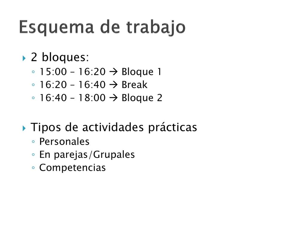Esquema de trabajo 2 bloques: Tipos de actividades prácticas