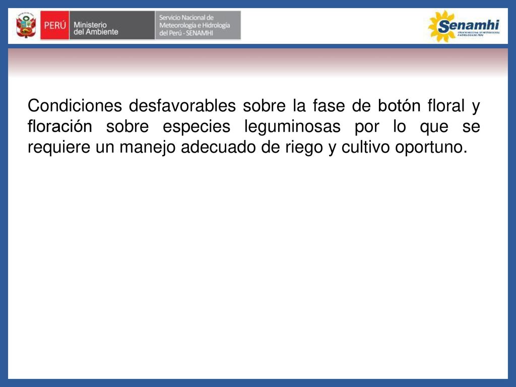 Condiciones desfavorables sobre la fase de botón floral y floración sobre especies leguminosas por lo que se requiere un manejo adecuado de riego y cultivo oportuno.