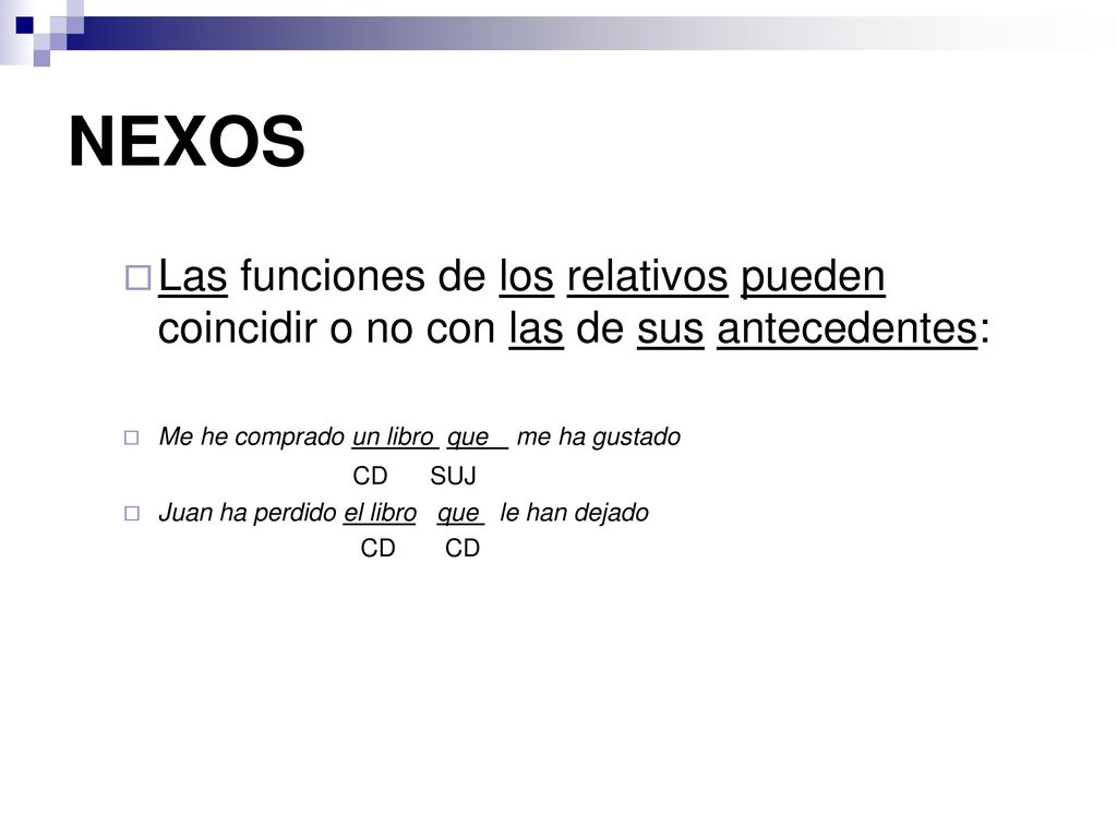NEXOS Las funciones de los relativos pueden coincidir o no con las de sus antecedentes: Me he comprado un libro que me ha gustado.