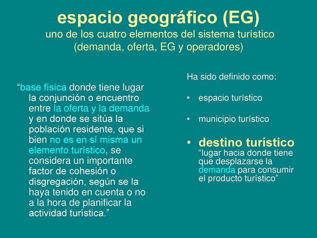 espacio geográfico (EG) uno de los cuatro elementos del sistema turístico (demanda, oferta, EG y operadores)