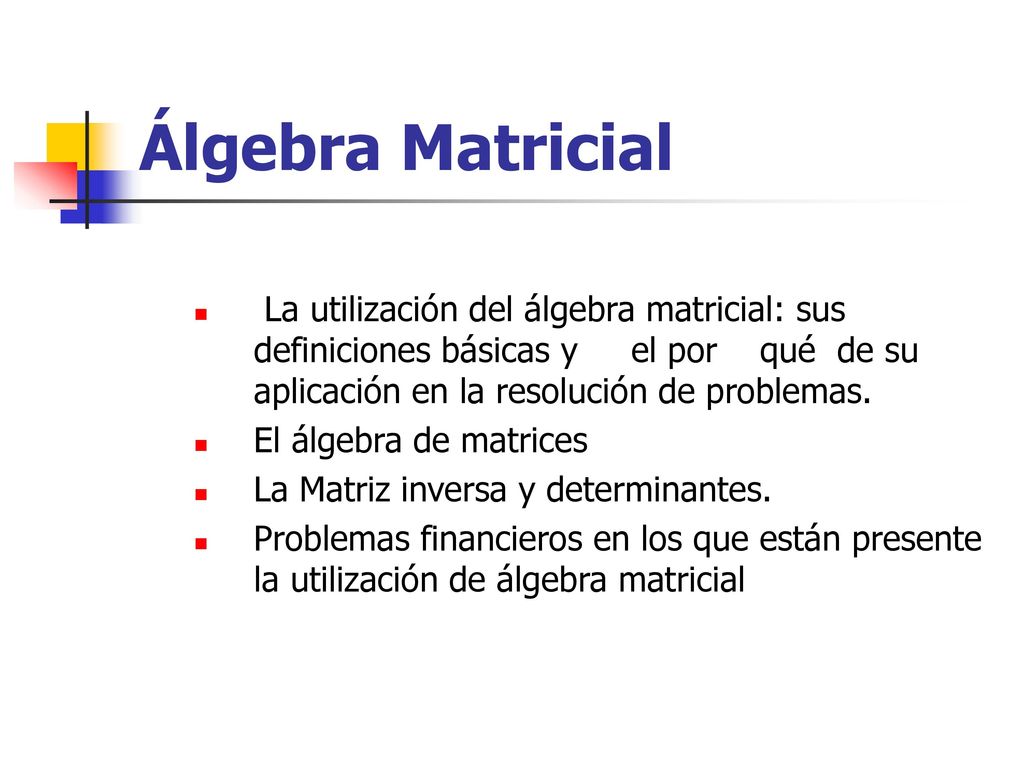 Álgebra Matricial La utilización del álgebra matricial: sus definiciones básicas y el por qué de su aplicación en la resolución de problemas.