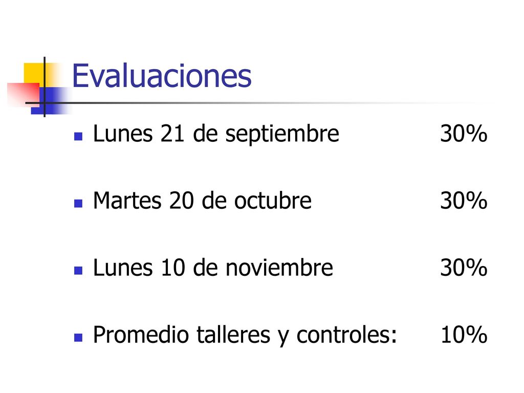 Evaluaciones Lunes 21 de septiembre 30% Martes 20 de octubre 30%