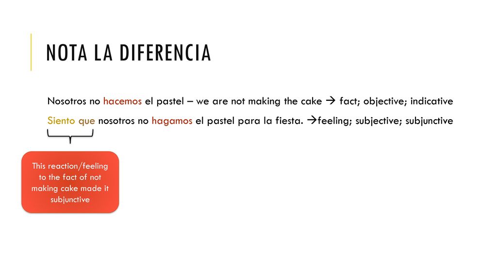 Nota la diferencia Nosotros no hacemos el pastel – we are not making the cake  fact; objective; indicative.