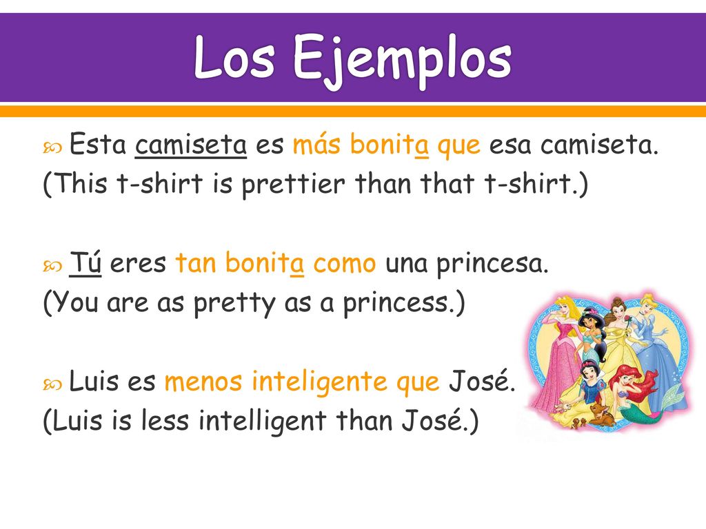 Los Ejemplos Esta camiseta es más bonita que esa camiseta.