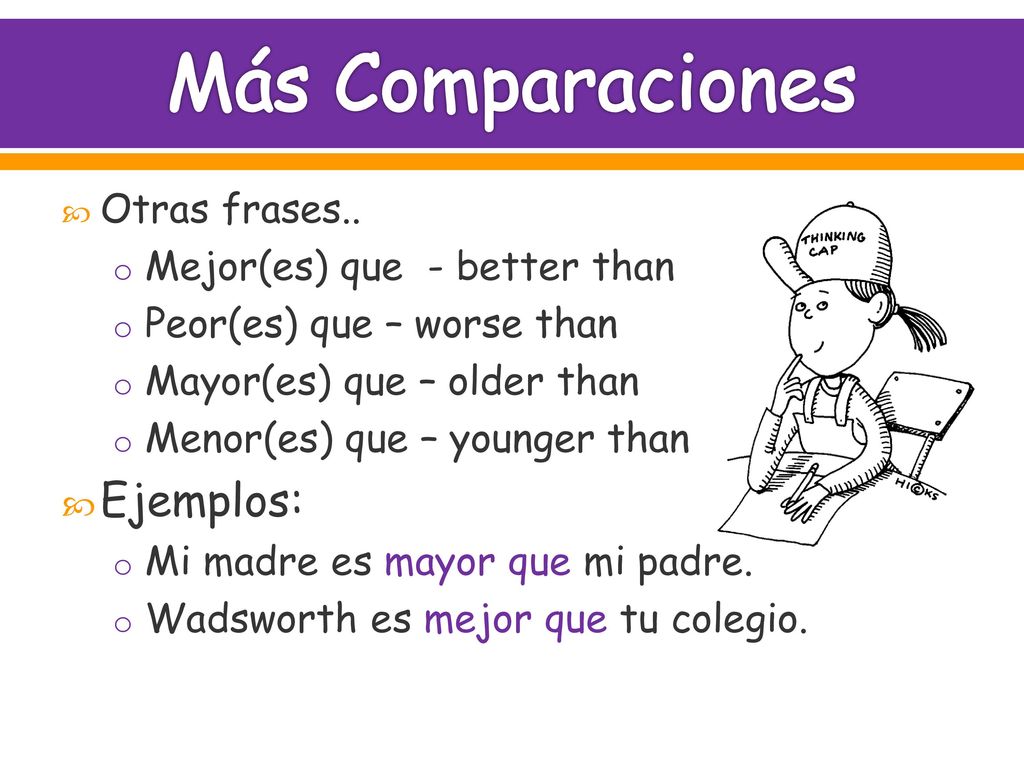 Más Comparaciones Ejemplos: Otras frases.. Mejor(es) que - better than