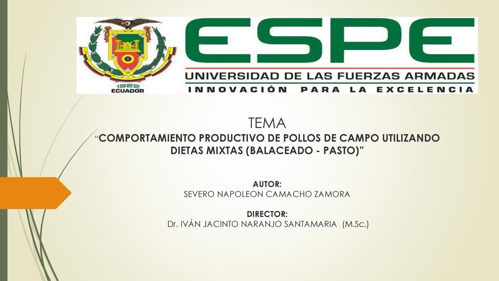 TEMA COMPORTAMIENTO PRODUCTIVO DE POLLOS DE CAMPO UTILIZANDO DIETAS MIXTAS (BALACEADO - PASTO) AUTOR: SEVERO NAPOLEON CAMACHO ZAMORA DIRECTOR: Dr.