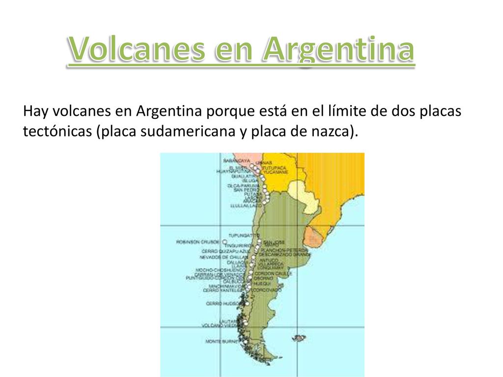Volcanes en Argentina Hay volcanes en Argentina porque está en el límite de dos placas tectónicas (placa sudamericana y placa de nazca).