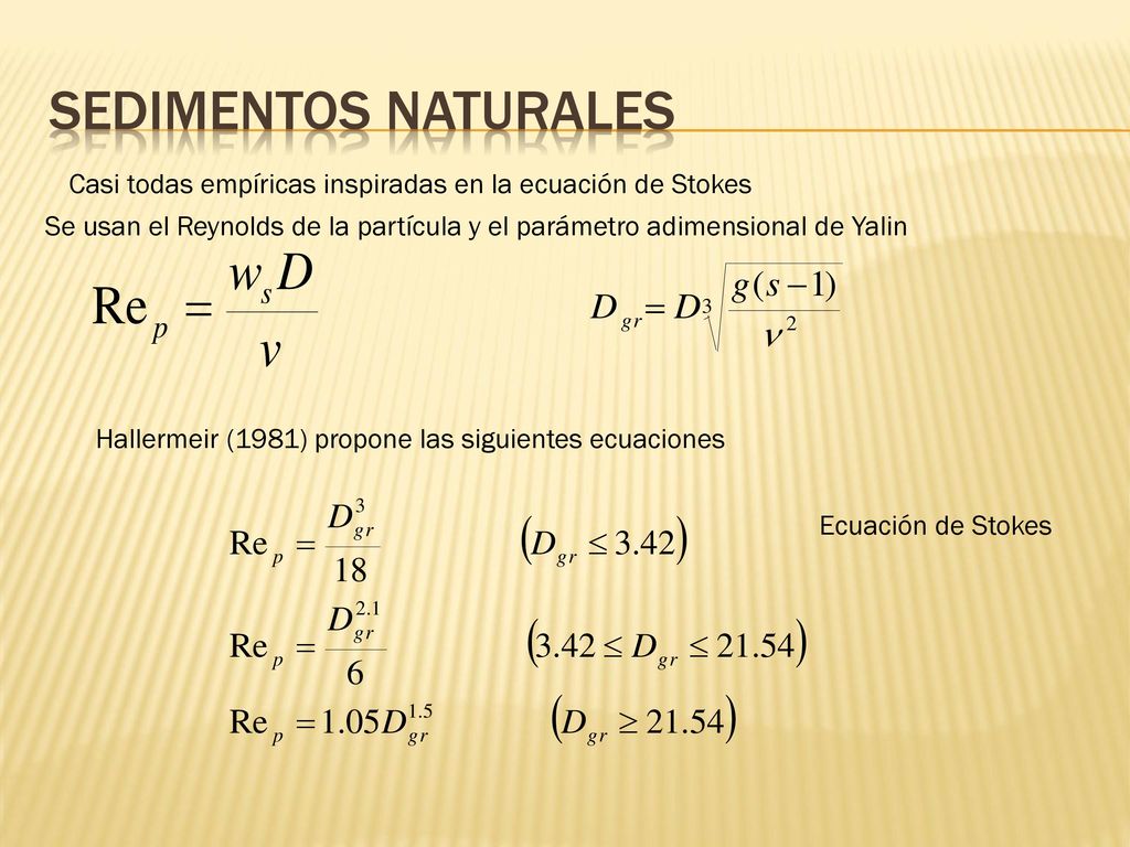 Sedimentos naturales Casi todas empíricas inspiradas en la ecuación de Stokes.
