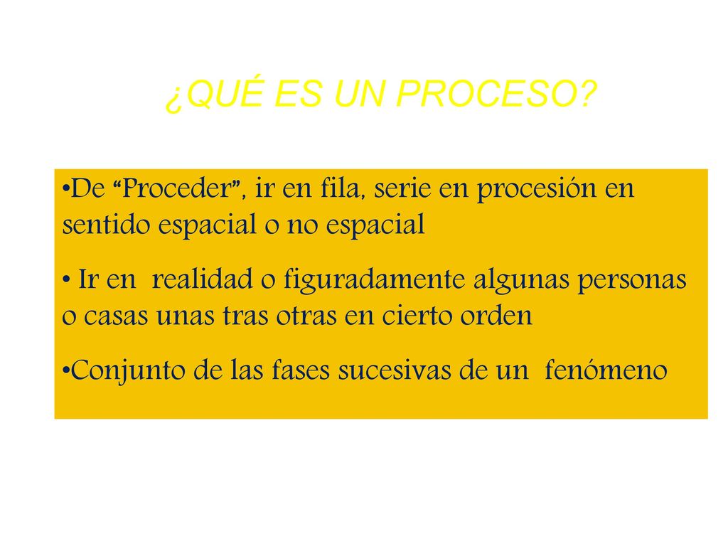 ¿QUÉ ES UN PROCESO De Proceder , ir en fila, serie en procesión en sentido espacial o no espacial.