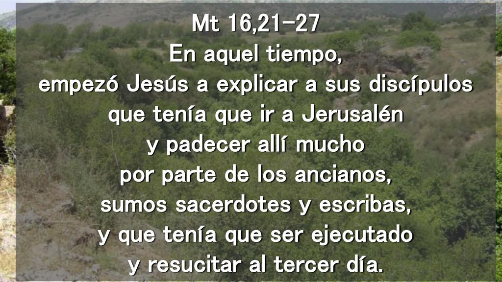 Mt 16,21-27 En aquel tiempo, empezó Jesús a explicar a sus discípulos que tenía que ir a Jerusalén y padecer allí mucho por parte de los ancianos, sumos sacerdotes y escribas, y que tenía que ser ejecutado y resucitar al tercer día.