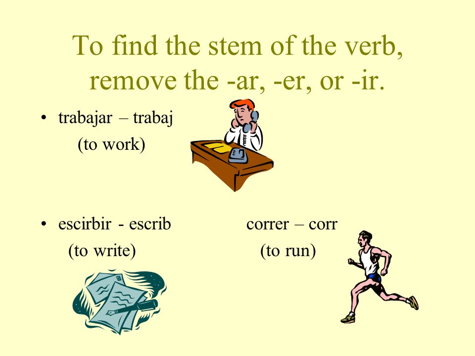To find the stem of the verb, remove the -ar, -er, or -ir.