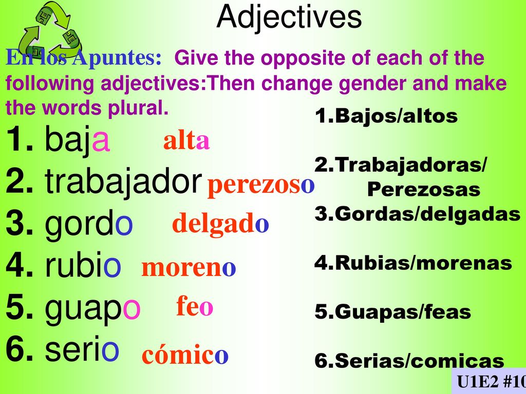 1. baja 2. trabajador 3. gordo 4. rubio 5. guapo 6. serio Adjectives