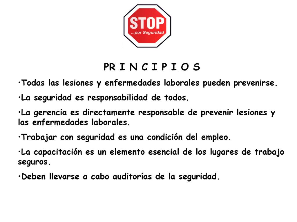 PR I N C I P I O S Todas las lesiones y enfermedades laborales pueden prevenirse. La seguridad es responsabilidad de todos.