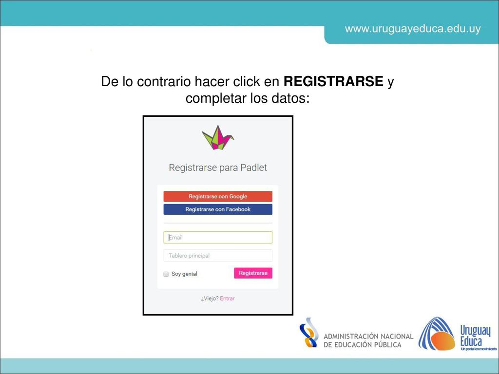 De lo contrario hacer click en REGISTRARSE y completar los datos:
