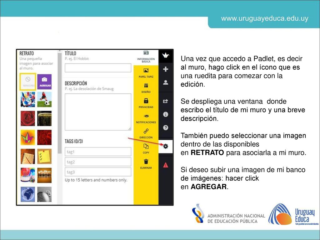 Una vez que accedo a Padlet, es decir al muro, hago click en el ícono que es una ruedita para comezar con la edición.