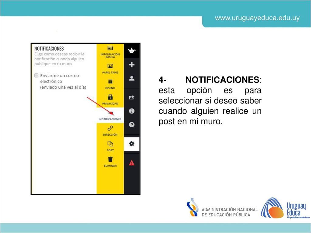 4- NOTIFICACIONES: esta opción es para seleccionar si deseo saber cuando alguien realice un post en mi muro.