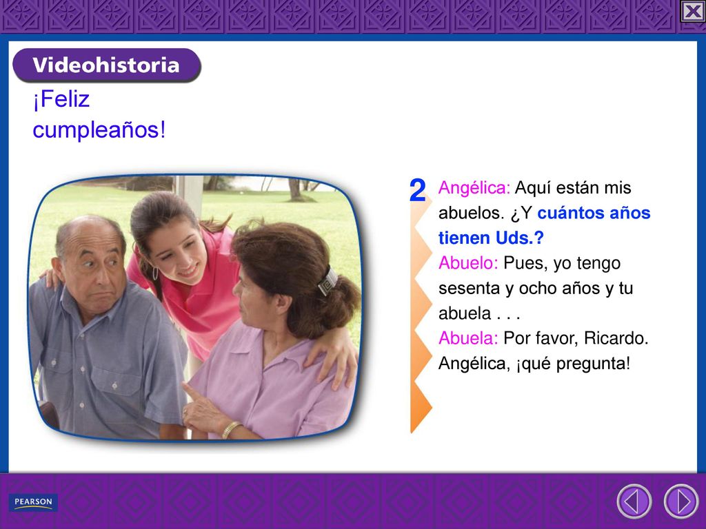 2 ¡Feliz cumpleaños! Angélica: Aquí están mis abuelos. ¿Y cuántos años