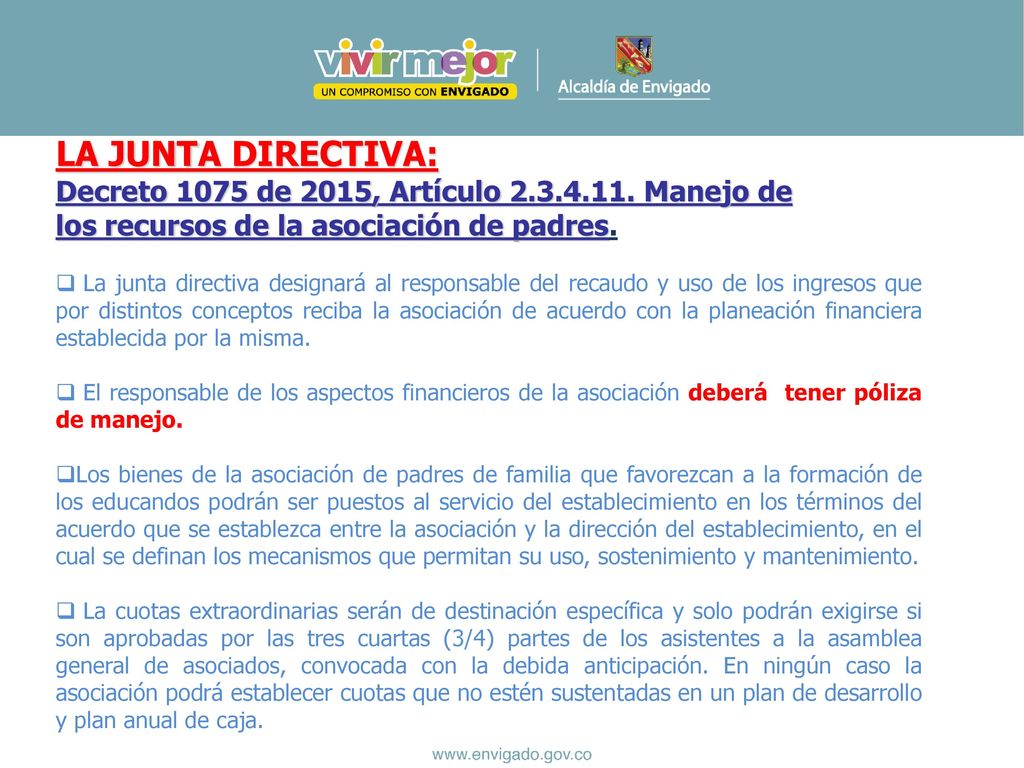 LA JUNTA DIRECTIVA: Decreto 1075 de 2015, Artículo Manejo de los recursos de la asociación de padres.