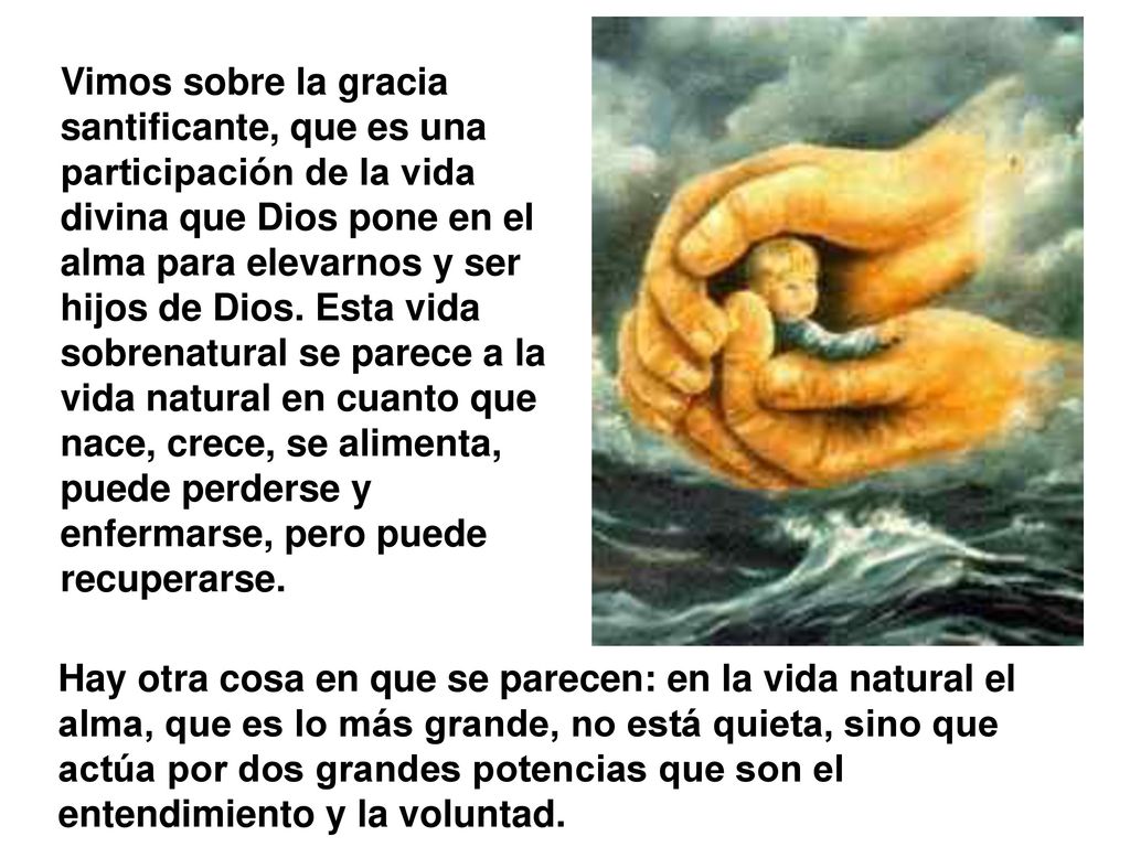 Vimos sobre la gracia santificante, que es una participación de la vida divina que Dios pone en el alma para elevarnos y ser hijos de Dios. Esta vida sobrenatural se parece a la vida natural en cuanto que nace, crece, se alimenta, puede perderse y enfermarse, pero puede recuperarse.
