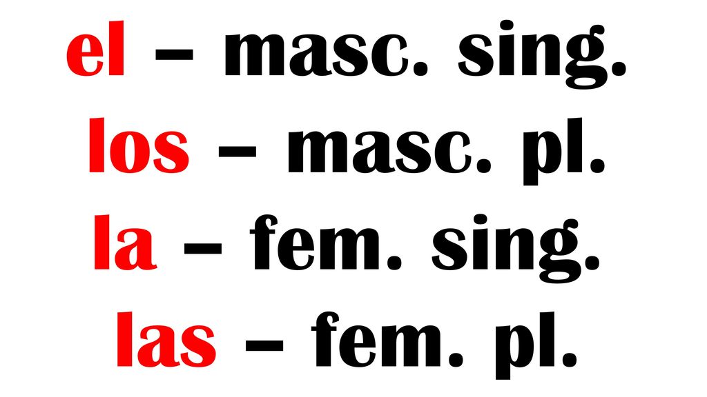 el – masc. sing. los – masc. pl. la – fem. sing. las – fem. pl.