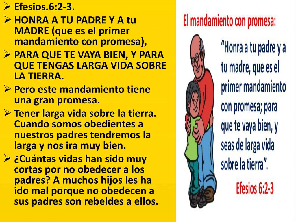 Efesios.6:2-3. HONRA A TU PADRE Y A tu MADRE (que es el primer mandamiento con promesa),
