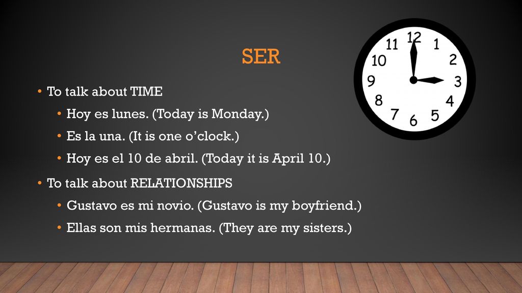 ser To talk about TIME Hoy es lunes. (Today is Monday.)