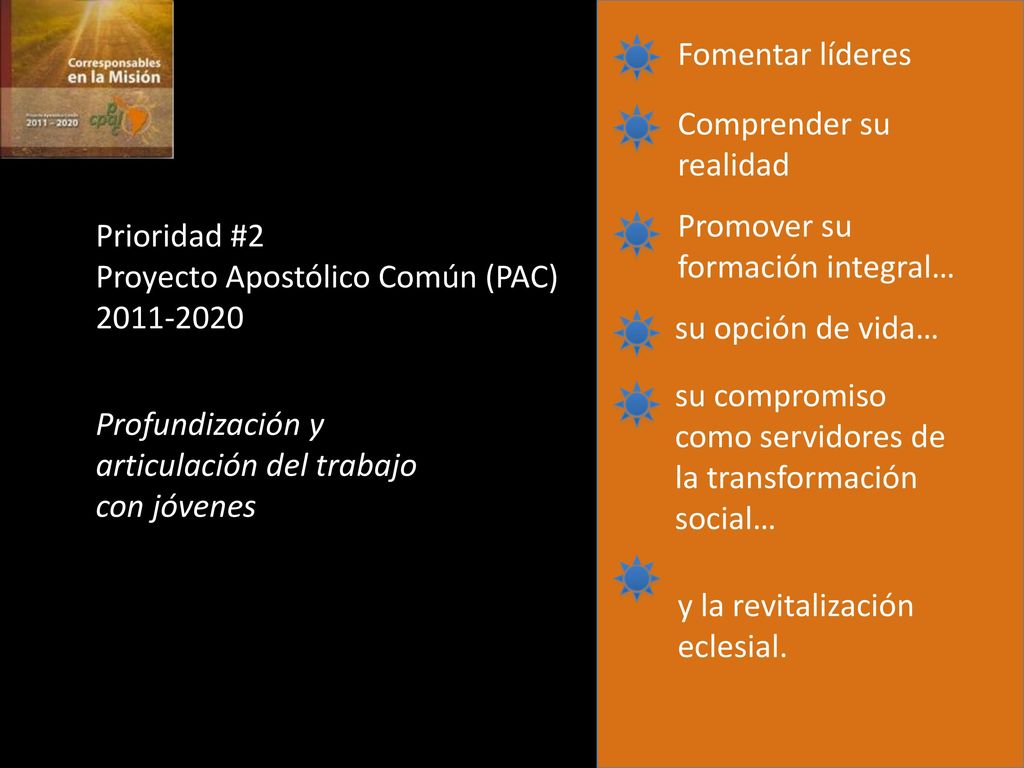 Fomentar líderes Comprender su realidad. Promover su formación integral… Prioridad #2 Proyecto Apostólico Común (PAC)