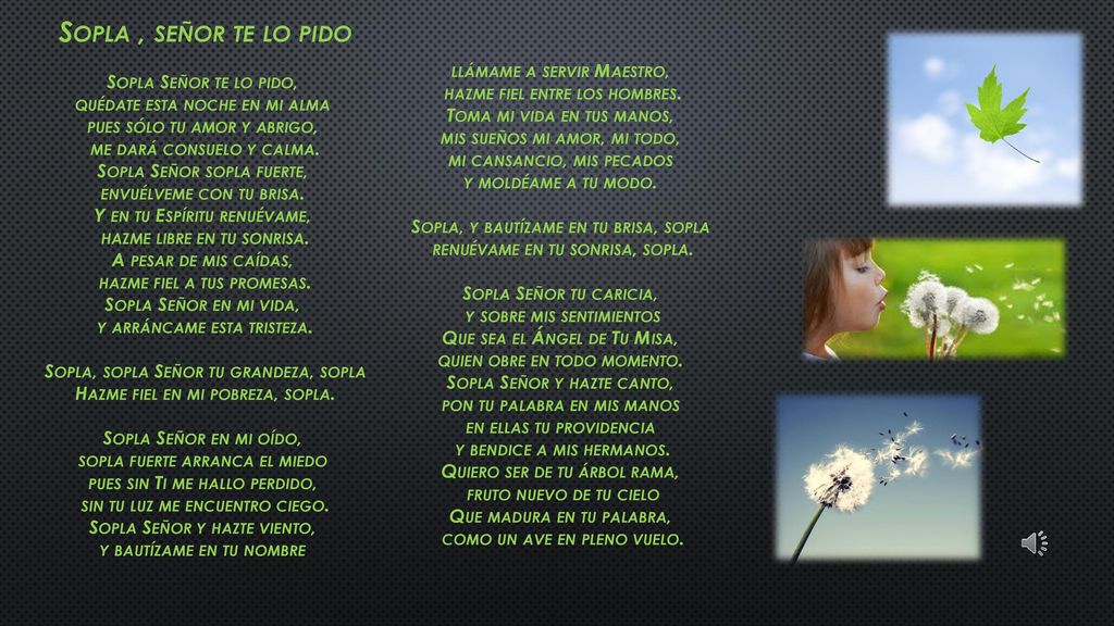 Sopla , señor te lo pido Sopla Señor te lo pido, quédate esta noche en mi alma pues sólo tu amor y abrigo, me dará consuelo y calma.