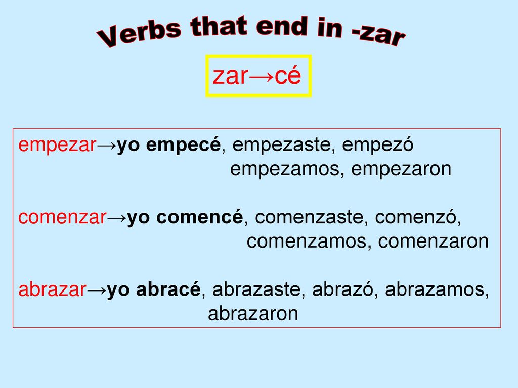Verbs that end in -zar zar→cé empezar→yo empecé, empezaste, empezó