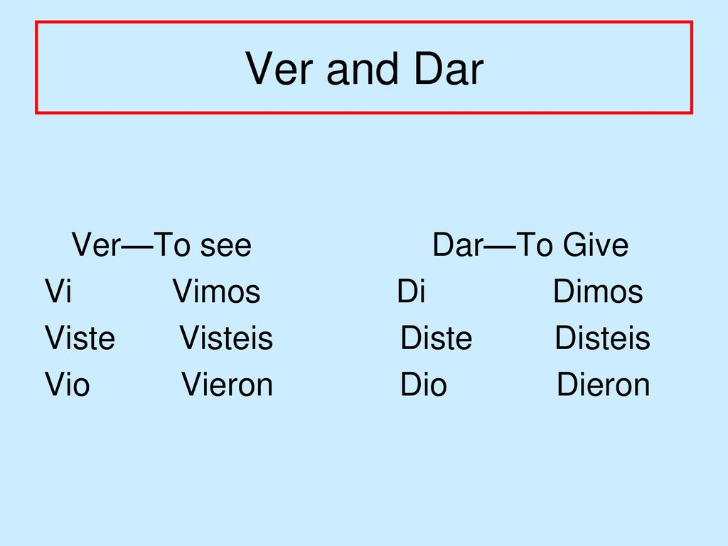 Ver and Dar Ver—To see Dar—To Give Vi Vimos Di Dimos