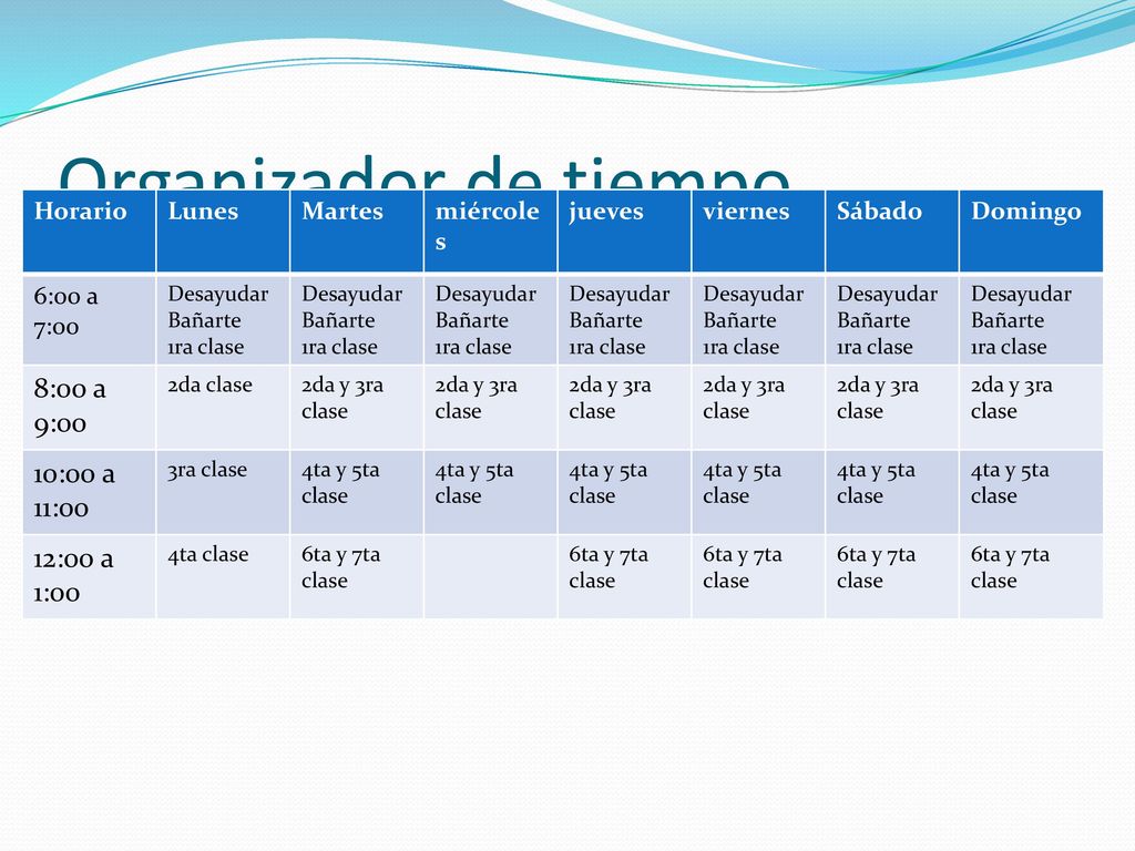 Organizador de tiempo 8:00 a 9:00 10:00 a 11:00 12:00 a 1:00 Horario
